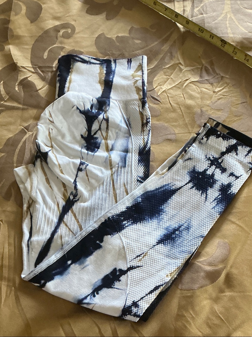 Tie-Dye High-Waist Compression Leggings - Navy, Gold & White
